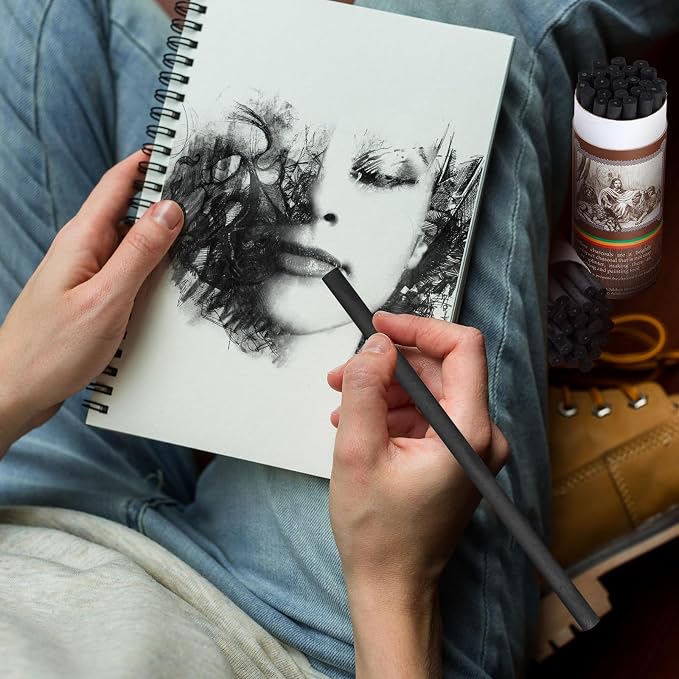 Gueevin 60 Pcs Soft Willow Charcoal Sticks Drawing,2-4mm，4-5mm，5-7mm，7-9mm | For Artists Beginners Students, Vine Charcoal Bulk for Sketching Shading Fine Art, Assorted Sizes, Back to School Gifts