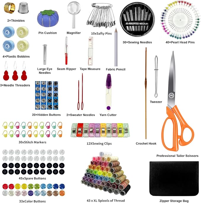 GABTRUK 304PCS Adult Sewing Kit, 43 Colors Thread & Ergonomic Scissors, Portable PU Leather Mending Supplies for Travel Home Beginners