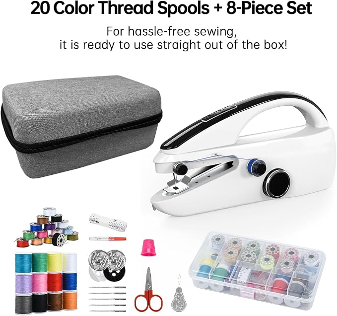 Portable Handheld Sewing Machine, Compact Mini Stitcher with 20 Thread Spools, Needles & Accessories, Easy Sewing Kit for Fabric Repair, DIY Clothes, Home Craft & Travel for Beginners and Adults