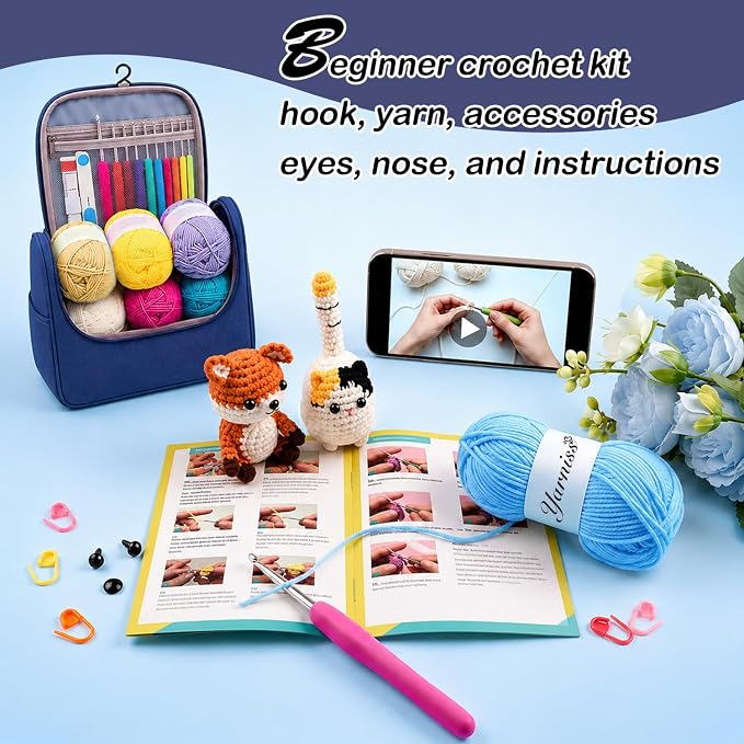 Yarniss Crochet Kit for Beginners,All in One Crochet Kits for Adult,Navy | Ergonomic Crochet Hooks Set with 840 Yards Crochet Yarn & Crochet Accessories,Learn to Crochet with Instruction & Tutorial