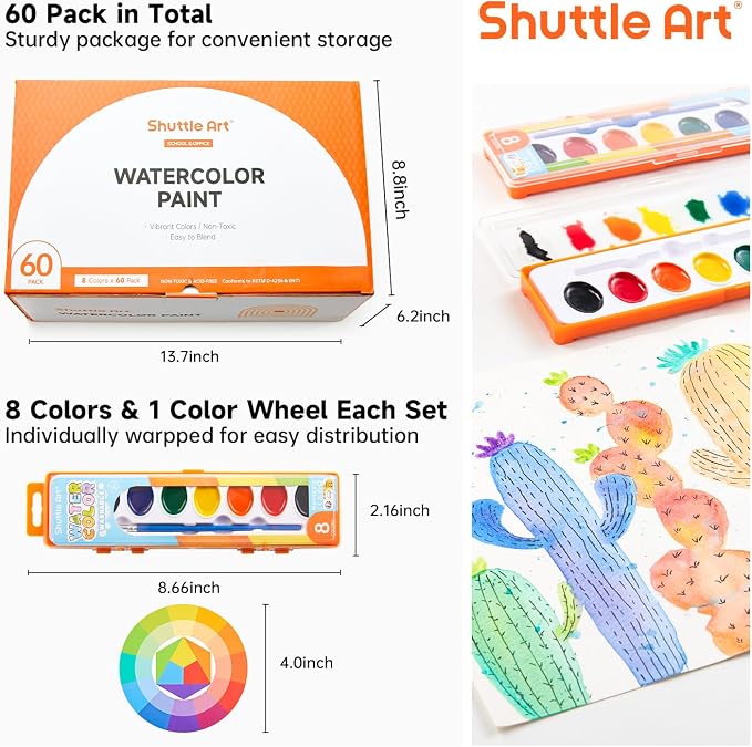 Shuttle Art 60 Pack Watercolor Paint Set, 8 Colors with Paint Brushes & Color Wheels, Washable for Kids & Adults, Suitable for Classroom, Parties, Kindergarten & Art