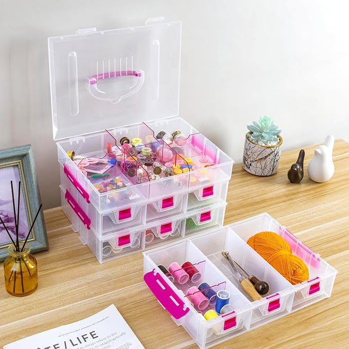 MyGift Stackable Single Tray Add-On for 11-Inch Clear Arts & Crafts Container, 9-Compartment Sewing Supplies Organizer with Removable Dividers for Craft Storage, Includes 3 Drawers