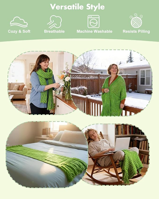 Arborthread Crochet Kit for Beginners, Easy All-Season Pocket Shawl & Scarf Crochet Kit for Adults w/Ample Premium Yarn to Fit Different Sizes, Step-by-Step Video & Instructions, Green