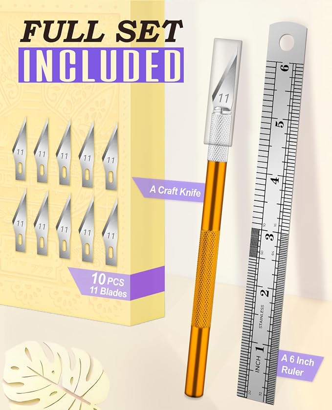 DIYSELF Exacto Craft Knife Set with 10 Extra #11 Blades, 6-Inch Metal Ruler | Craft Razor Knife with Ruler for Polymer Clay, Paper, Vinyl & Models, Exacto Knife for Crafting, Artists & Hobbyists, Gold