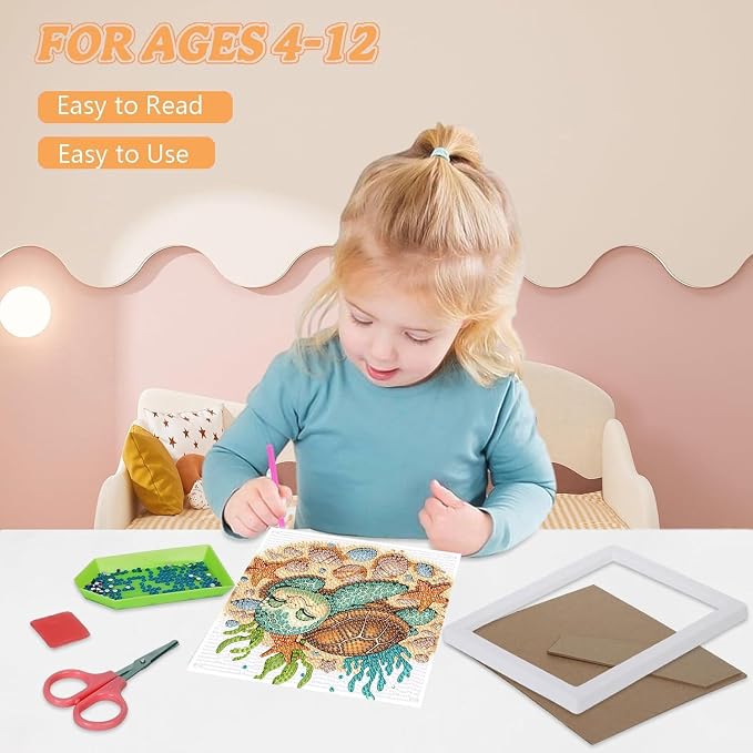 ajepon Turtles Diamond Art Kits for Kids with Frame, Animal Diamond Art for Kids Ages 8-12, Turtle Diamond Painting Kits for Kid with Beautiful Package for Gift Home Wall Decor (7x7inch)