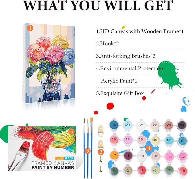 Framed Paint by Numbers Kit for Adults Beginner & Kids Ages 8-12, Hydrangea in Glass Vase Window Paint by Number with Frame, Easy Acrylic Colorful Flowers Painting by Numbers Kit on Canvas 8x12 inch