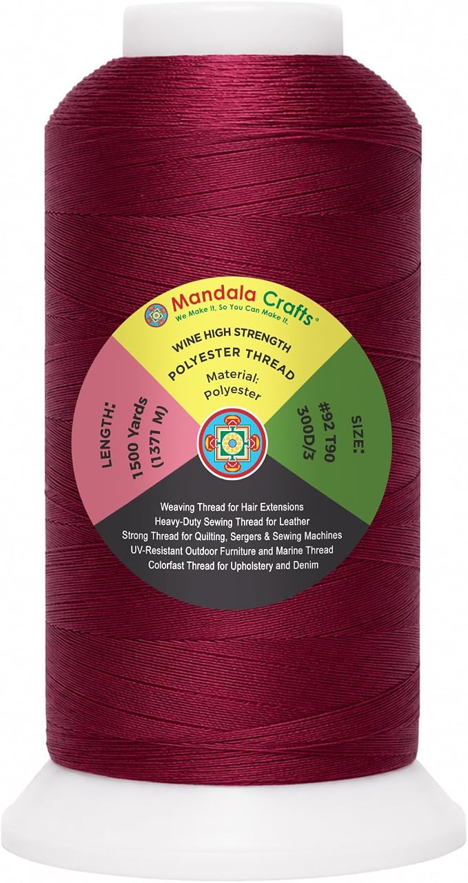 Mandala Crafts Wine Tex 90 Polyester Heavy Duty Thread for Upholstery | 1500 Yds T90 UV Resistant Strong Thread for Leather Sewing, Marine, Drapery, Jeans, Hair Weaving & Extension, Outdoor