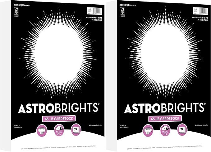 Astrobrights/Neenah Bright White Cardstock, 8.5" x 11", 65 lb/176 gsm, White, 75 Sheets (90905-02) - Packaging May Vary (Pack of 2)