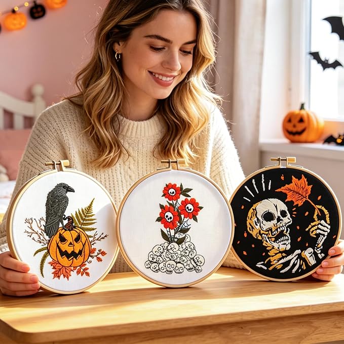 Gothic Halloween Embroidery Starter Kit for Beginners Adults, Stamped Cross Stitch Kit Needlepoint Kit for Beginner Adult, 3 Embroidery Hoop 3 Set Embroidery Supplies (Attached Teaching Video QR Code)