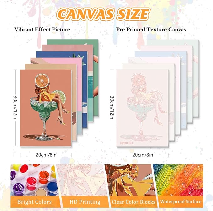 KEYIFA 6 Pack Paint by Numbers Kit, Stretched Canvas Boards for Painting for Adults, No Crease Acrylic Oil Painting for Students Beginners Favor Sip & Paint Party Supplies, 70s Retro Cocktail (8x12)