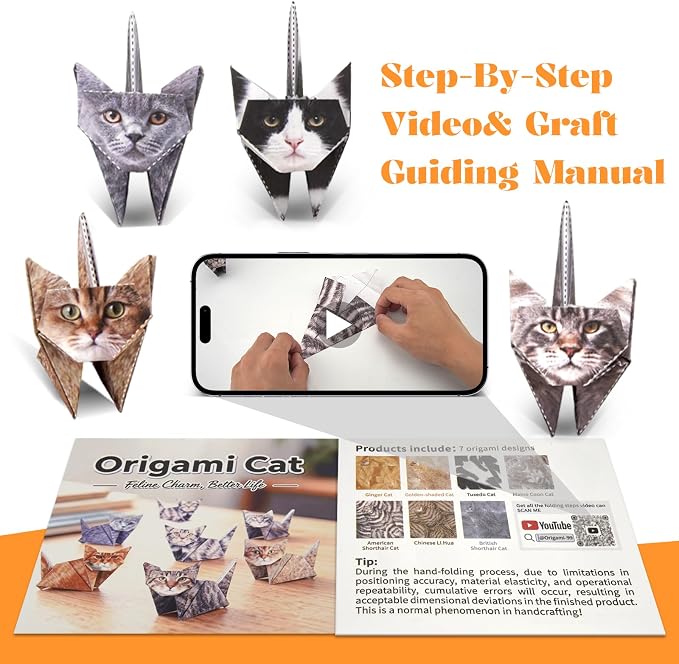 hapray 56 Sheets Cat Origami Paper Kit, Origami Kit for Kids, Origami Book | Easy to Fold DIY Craft for Adults and Kids Ages 8-12, Origami Paper Kits Desk Decoration with Video Tutorial, Cat Lover Gift