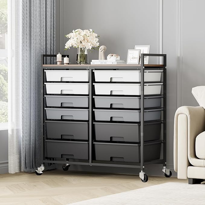 TOOLF 12 Drawers Rolling Storage Cart with Wooden Top for Classroom,Grey | Teacher Cart Craft Art Supply Organizer, Utility Cart with Lockable Wheels for Home Household Essentials, Office Organization