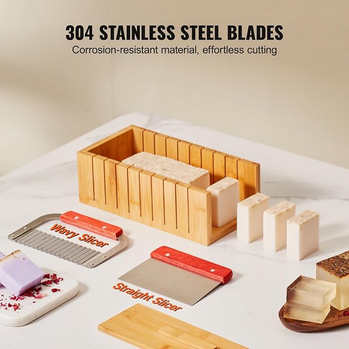 VEVOR Soap Making Kit, Bamboo Cutting Box and Inner Box with Silicone Mold, Stainless Steel Straight Cutter and Wavy Cutter, 100 Bags and 105 Stickers, Soap Making Supplies DIY Kits for Adults