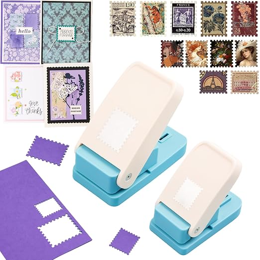 CYFUN DESIGN 2Pcs Stamp Punch, 1.5X1.25in Large Stamp Punch, 1x0.8in Rectangular Postage Stamps Punches, Craft Lever StampCutter Hole Puncher, Paper Punches for Crafting Card Making Scrapbook Supplies