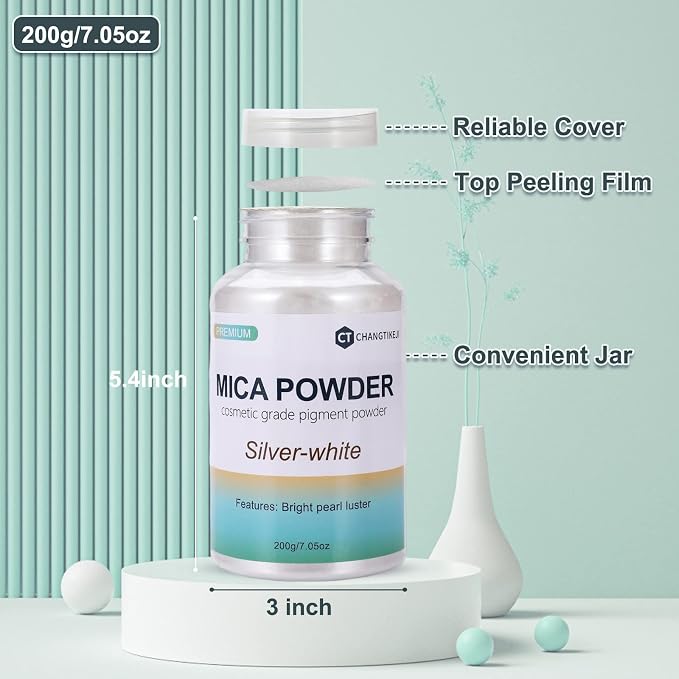 Mica Powder,7.05OZ/200g,Silver White Mica Powder Pigment for Epoxy Resin，Lip Gloss，Paint，Dye，Soap Making，Nail Polish,Candle Making,Bath Bombs