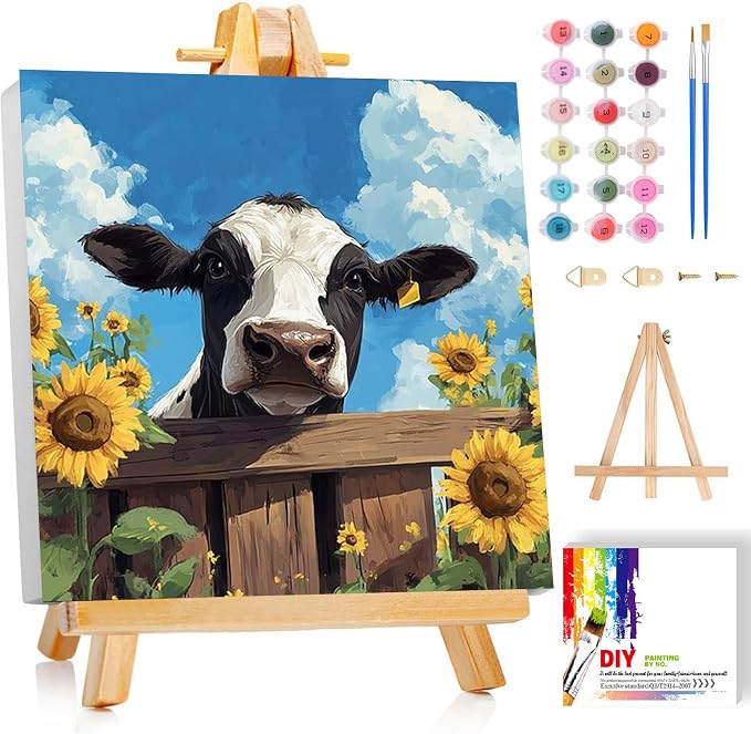ajepon Cow Paint by Numbers Kit for Kids with Frame - Highland Cow Paint by Number for Kids, Kid Painting by Number Kits Age 6-8 for Home Wall Decor 8X8inch (with Wooden Easel)