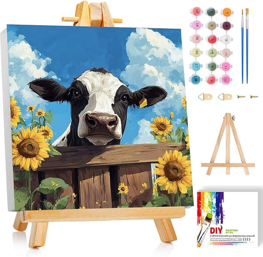 ajepon Cow Paint by Numbers Kit for Kids with Frame - Highland Cow Paint by Number for Kids, Kid Painting by Number Kits Age 6-8 for Home Wall Decor 8X8inch (with Wooden Easel)