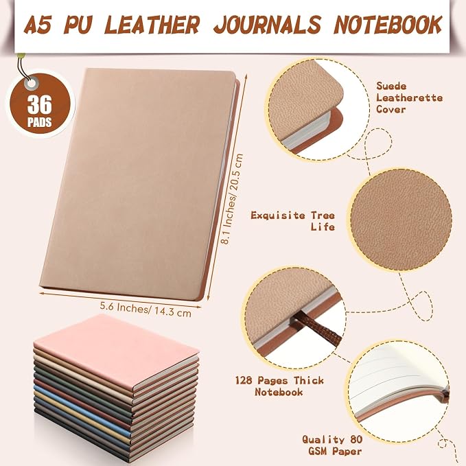 PerKoop 36 Pcs A5 PU Leather Notebooks for Back to School,Morandi Color