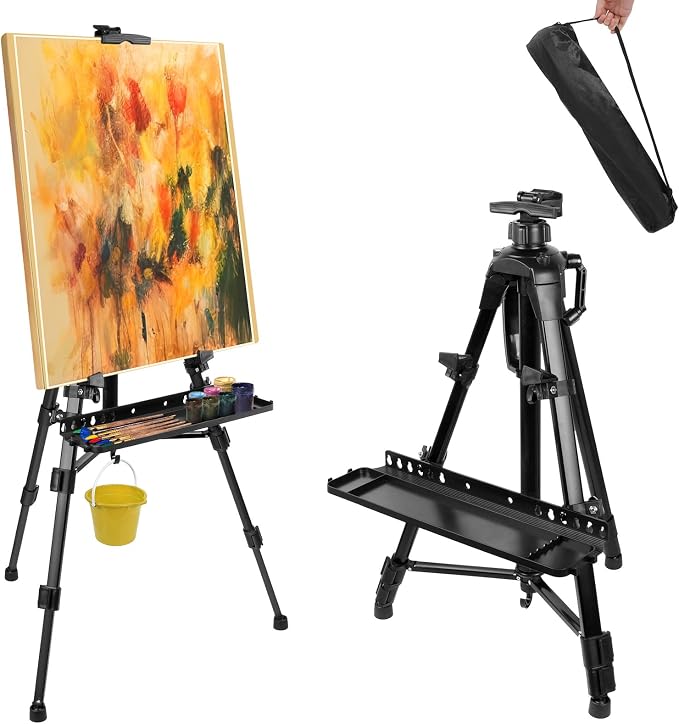 Art Easel Aluminum Alloy Portable Extendable Easel with Hand Crank Adjustable to 61.8 '' Drawing Board Holder, Compass, Level and Storage Bag -for Artists, Painters, Sketching, Outdoor Painting