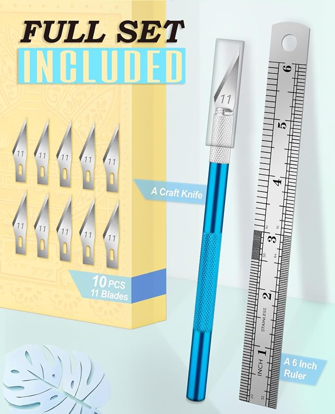 DIYSELF Precision Craft Knife with 10 Extra #11 Blades, 6-Inch Metal Ruler | Hobby Knife with Blades for Paper, Vinyl, Polymer Clay, Pottery & Models, Exacto Knife for Crafting, Crafters, Blue