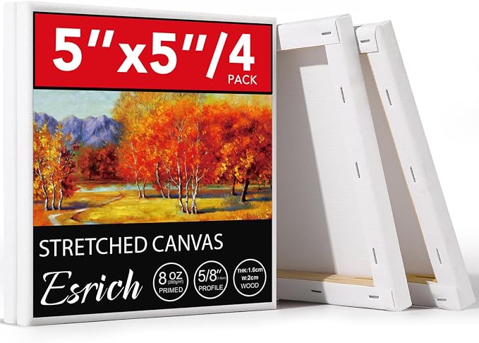 ESRICH 4 Pack Mini Canvases for Painting 5x5In, 5/8''Profile Small Square Canvases, Primed Cotton Small Stretched Canvas for Kids' Painting Supplies Such as Painting Parties,School&Home Decor Projects