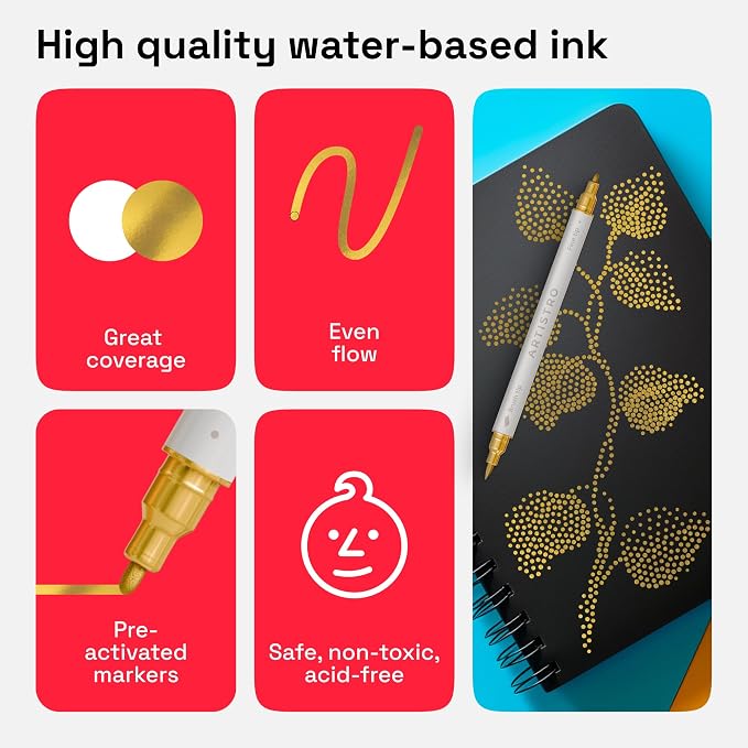 ARTISTRO 5 Gold Dual-Tip Acrylic Paint Marker Pens for Drawing | For Fabric, Rock, Glass, Wood, & Molds, Arts & Crafts Gift for Adults, Teens, & Kids, Classroom Must Haves & School Supplies