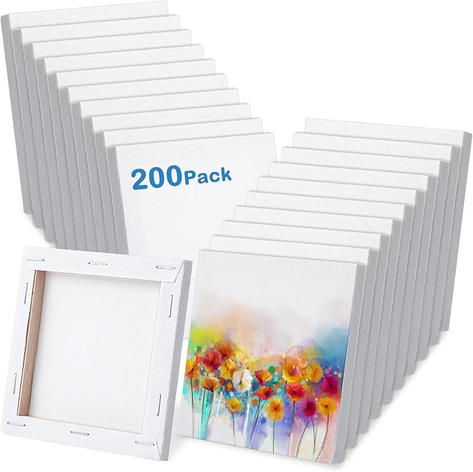 Maitys 200 Pcs 4x4 Inch Mini Canvas Boards for Painting 0.3in Thickness Small Stretched Canvas Bulk Blank Boards Art Panels for Kids Birthday School Project Home Decor Oil Acrylic Watercolor