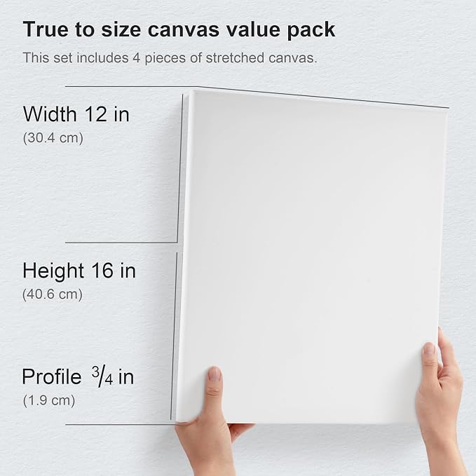 PHOENIX Professional Stretched Watercolor Canvas - 12x16 Inch/4 Pack, 100% Cotton Water Color Canvases for Painting, 8 Oz. / 260g White Blank Medium Texture Canvas for Water Based Paints