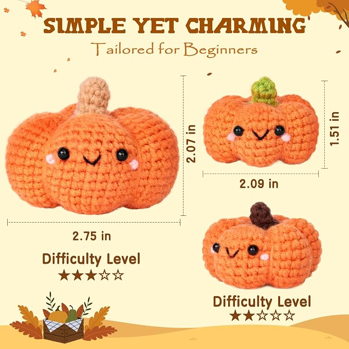 Crochetta Crochet Kit for Beginners, Crochet Starter Kit with Step-by-Step Video Tutorials, Crochet Animal Kits for Adults and Kids, DIY Craft Supplies, 3 Pack Halloween Pumpkins Family (40%+ Yarn)