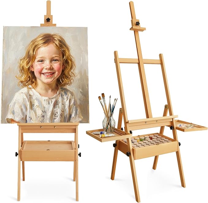 Painting Art Easel with Storage, 57"-72" Height Adjustable Easel Stand | Foldable beech wood easel with drawer trays,H-frame artist easel stand for painting,Wooden floor easel holds canvas up to 36"