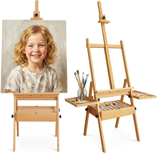 Painting Art Easel with Storage, 57"-72" Height Adjustable Easel Stand | Foldable beech wood easel with drawer trays,H-frame artist easel stand for painting,Wooden floor easel holds canvas up to 36"