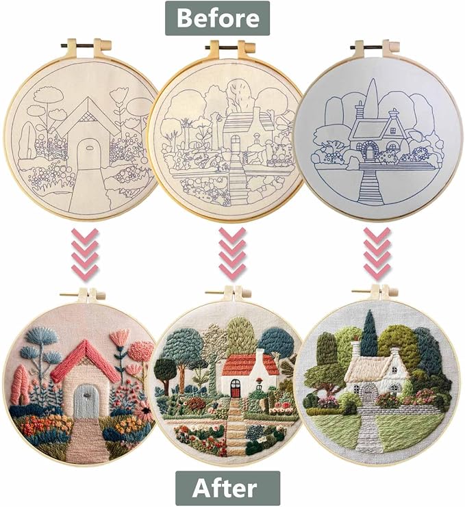 3 Packs Embroidery Kit for Adults, Embroidery for Beginners (Cottage)