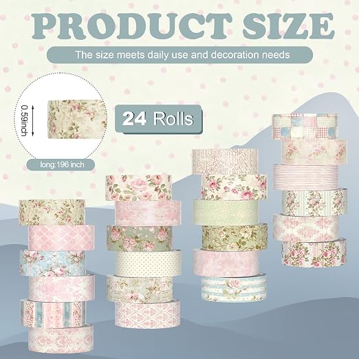 Gueevin 24 Rolls Floral Washi Tapes Set Scrapbook Supplies, Vintage | 15 mm Watercolor Flower Washi Tapes, Back to School DIY Craft Arts, Junk Journaling Planner Gift Wrapping Supplies