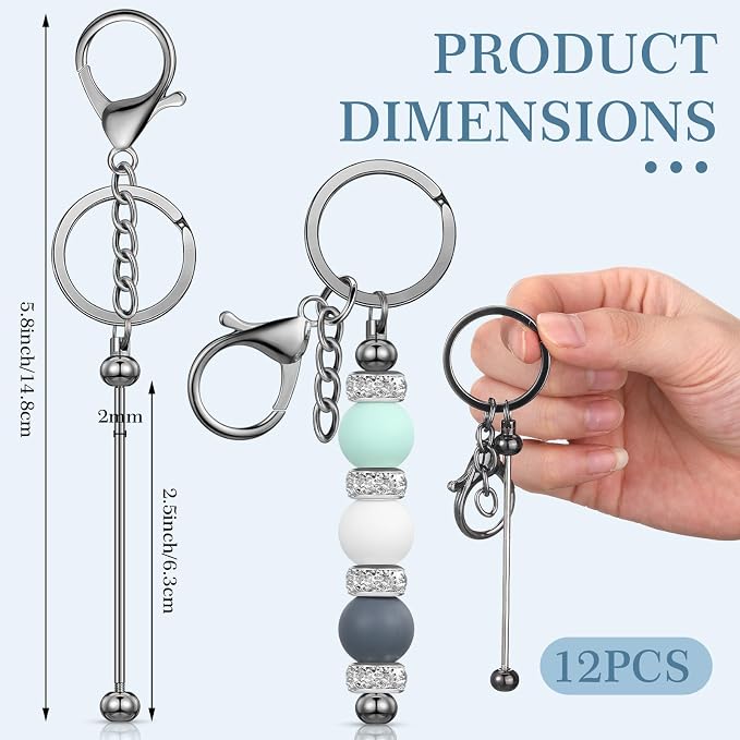 Tondiamo 12 Pcs Beadable Keychains Bars Bulk Blank Beaded Metal Keychain for Craft DIY Gift
