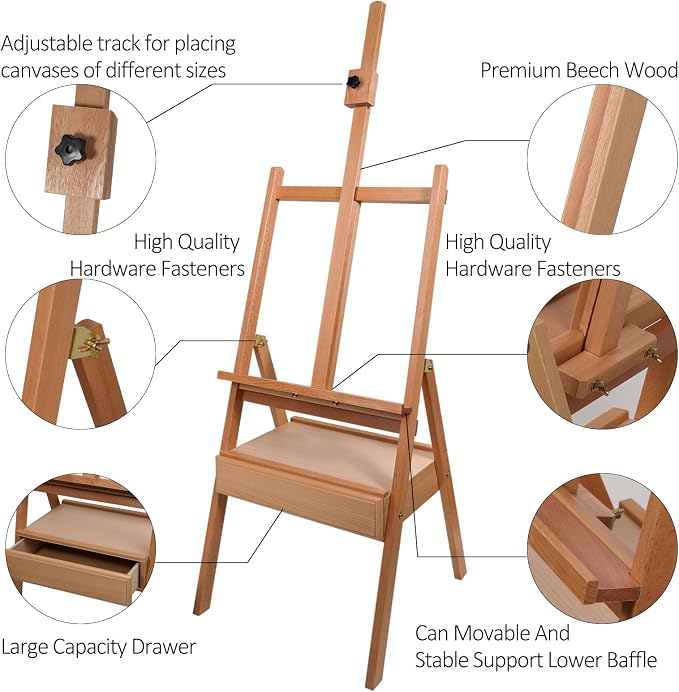 Beech Wood H-Frame Easel, 59"–75" Adjustable Height Studio Easel with Drawer & Shelf, 41" Canvas Holder 20KG Load, Heavy Duty Art Easel for Adults Artists Students Painting Display