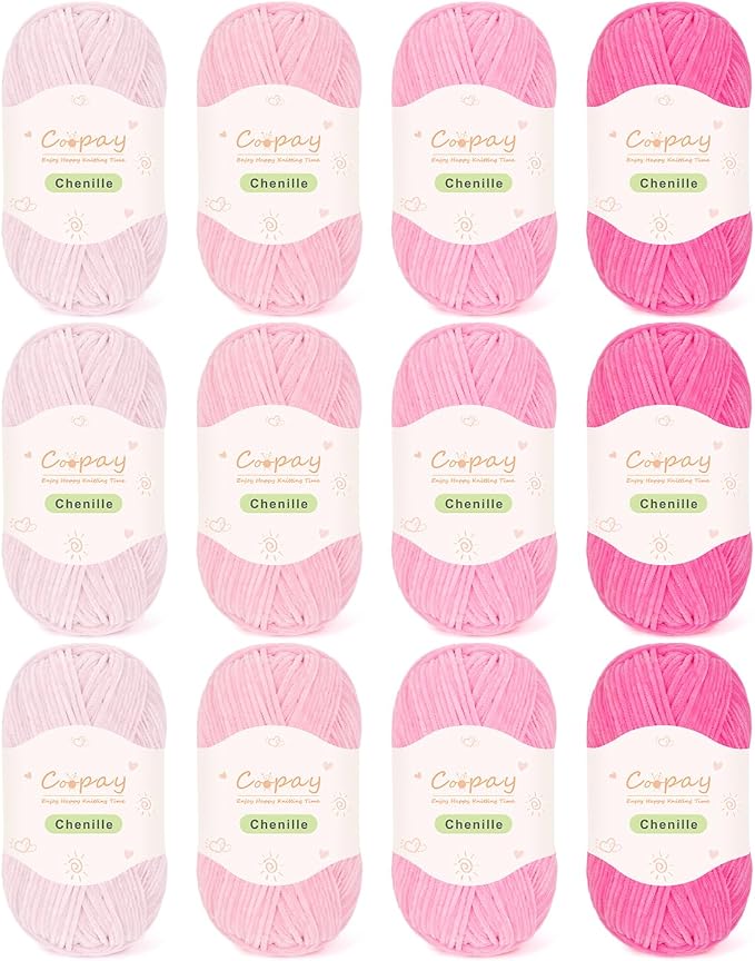 Coopay Skinny Chenille Yarn for Crocheting & Knitting, Pink Gradient | Crochet Yarn Set - 600g Total, Velvet Yarn for Colorful Crafts, Blankets, Plush Dolls, Decorative Handmade Works
