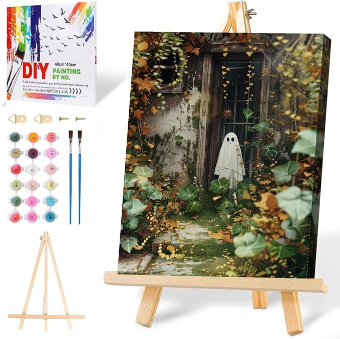 Halloween Paint by Numbers for Adults with Framed Canvas-with Wooden Easel,Ghost Paint by Number on Canvas,DIY Acrylic Oil Painting Kits with Brushes Nice Gift Box for Home Wall Decor(12x16 Inch)