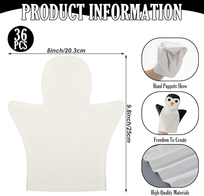 Soulchen 36 Pcs DIY Cotton Hand Puppet Kit 8 x 9.8 Inch Making Your Own Puppets Blank Fabric for DIY Crafting Storytelling Family Activities Art Party Supplies Creative Play Holiday Subject Gifts