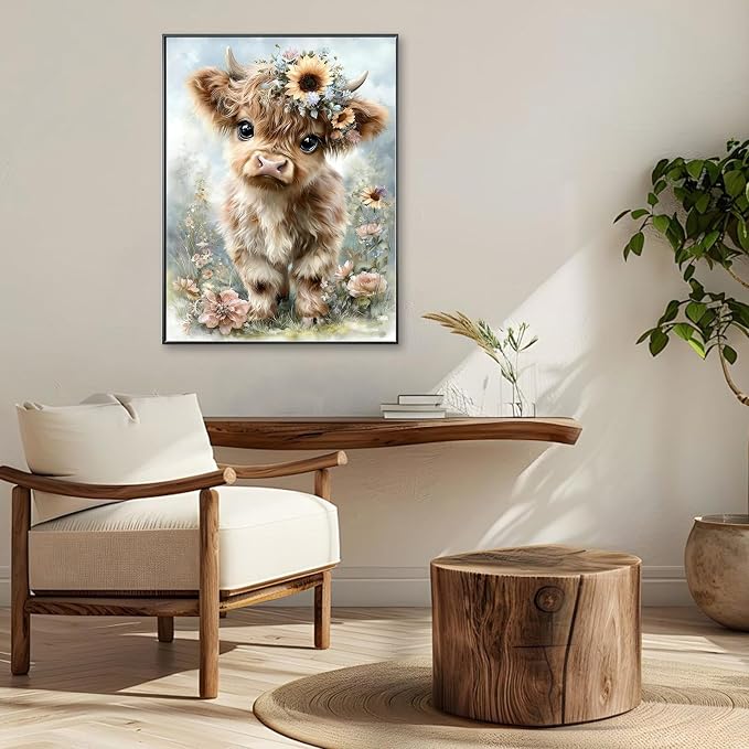 Highland Cow Diamond Art Kits for Adults,Retro Flowers Diamond Painting