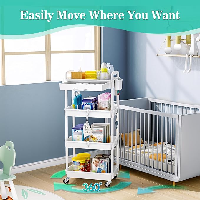 SUNALLY 4 Tier Rolling Cart with Drawer, Craft Storage Cart Organizer,White