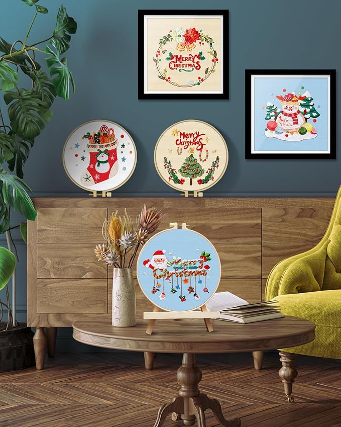TINDTOP Christmas Embroidery Kit for Adult, 5 Pack Embroidery DIY Starter Kit, with Stamped Patterns, Hoop, Tools, Colorful Threads with Needles, Instructions | 5 Pack with Stamped Patterns, Hoop, Tools, Colorful Threads with Needles, Instructions