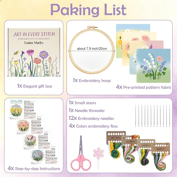 Louise Maelys 4 Pack Watercolor Floral Embroidery Kit for Beginners