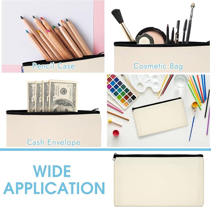 12 Pack Blank Canvas Pencil Pouches Bulk, Sublimation Zipper Bags for DIY | Small Multi-Purpose Canvas Bags with Zipper for Cosmetics, Travel, Travel Toiletries, Craft Projects, Organized 8.2" x 4.7"