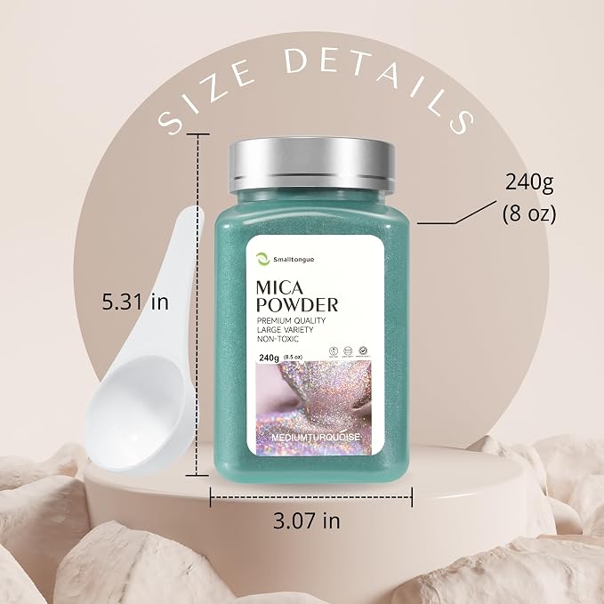 Mica Powder, Mediumturquoise, 240g with Scoop, Complies with ASTM D-4236 | For Epoxy Resin, Soap, Bath Bomb, Candle| Safety Material| Odorless| Brilliant Colors
