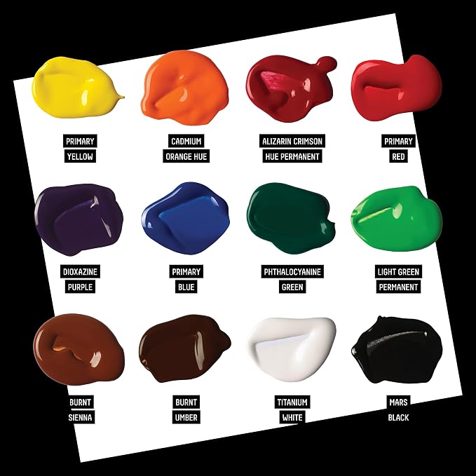 Liquitex BASICS Acrylic Fluid Paint, 12 x 118ml (4-oz.) Bottle Set | Super Versatile, Fine Art Pigments; Fluid Consistency, Vibrant satin colors, Permanent, Lightfast, Water-Resistant Finish