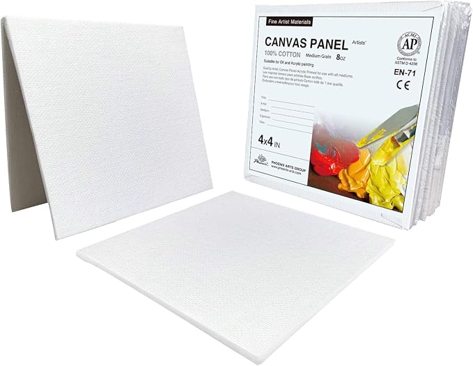 PHOENIX Small Painting Canvas Panels 4x4 Inch, 12 Value Pack - 8 Oz Triple Primed 100% Cotton Acid Free Square Canvas Boards for Painting, White Blank Flat Canvas Boards for Acrylic, Oil Paints