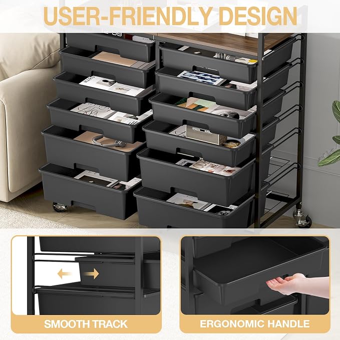 TOOLF 12 Drawers Rolling Storage Cart with Wooden Top for Classroom, Black | Teacher Cart Craft Art Supply Organizer, Utility Cart with Lockable Wheels for Home Household Essentials, Office Organization