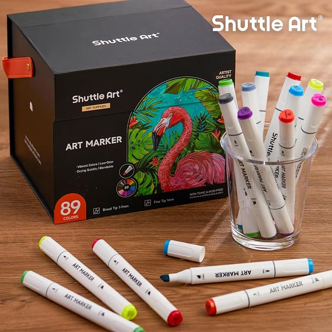Shuttle Art 89 Colors Alcohol Markers, 88 Colors Dual Tip Art Marker Set Plus 1 Colorless Blender with Marker Case Perfect for Illustration Students Adult Coloring Sketching