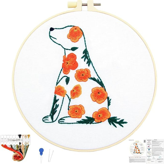 Crafmanoe Flowers Dog Embroidery Kits for Beginners Adults, Hand Embroidery Starter Kits, Stamped Cross Stitch Kits DIY Needlepoint Kit for Beginners Adults, Embroidery Hoop, Thread and Video Tutorial