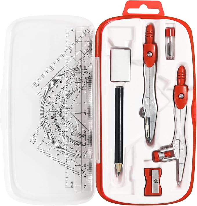 Unjoo Math Geometry Set 10 Pcs, Compass and Protractor for Students (Red | Shatterproof Storage Box,Rulers,Protractor,Compass,Eraser,Pencil Sharpener,Lead Refills,Pencil,for Classroom, Back to School